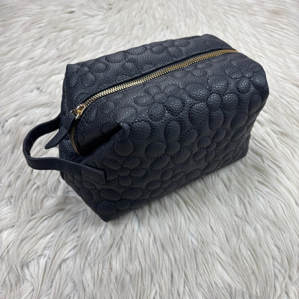 Under One Sky Black Faux Leather Floral Quilted Case Cosmetic Bag Toiletries